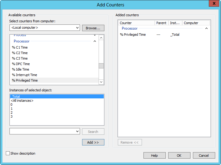 A screen shot of the Add Counter dialog box, showing counters that can be tracked.