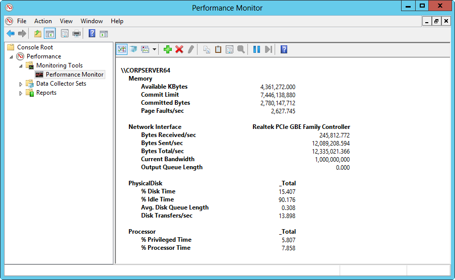 A screen shot of the Report view, which represents performance information as specific values.