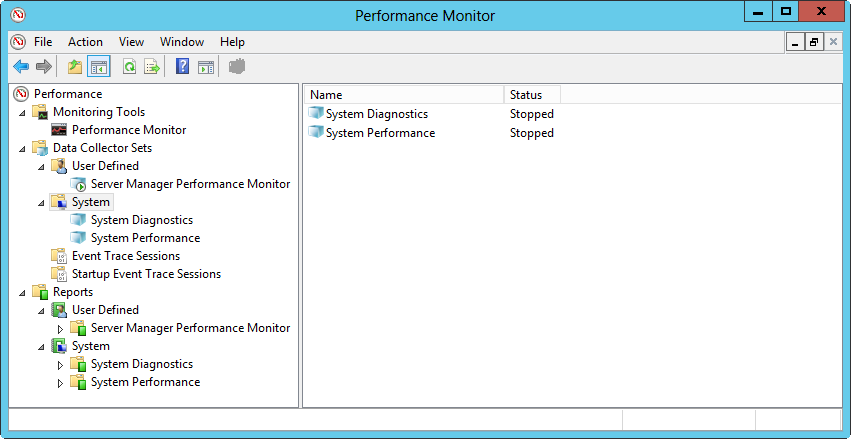 A screen shot of the System subnode, where you can view system-defined data collection sets and reports.