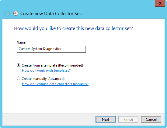 A screen shot of the How Would You Like To Create This New Data Collector Set page, where you can specify the name of the collector set. Create From A Template (Recommended) is selected by default.