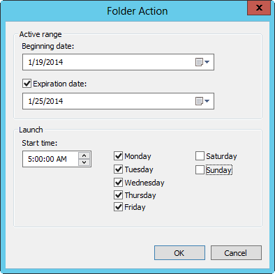 A screen shot of the Folder Action dialog box, where you can set the active range, start time, and run days for data collection.