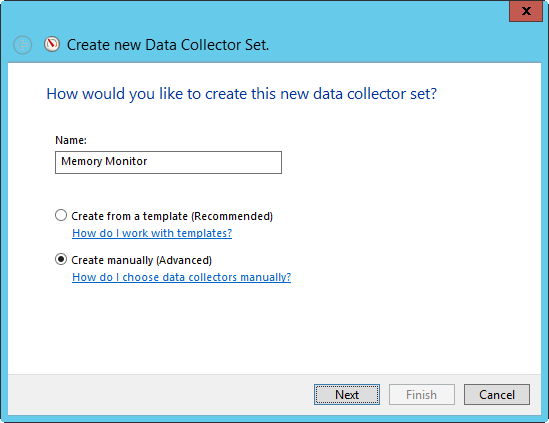 A screen shot of the Create New Data Collection Set wizard, with Create Manually (Advanced) selected.