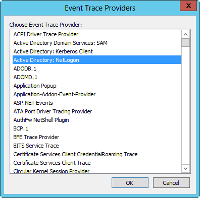 A screen shot of the Event Trace Providers dialog box, with the Active Directory: NetLogon provider selected.