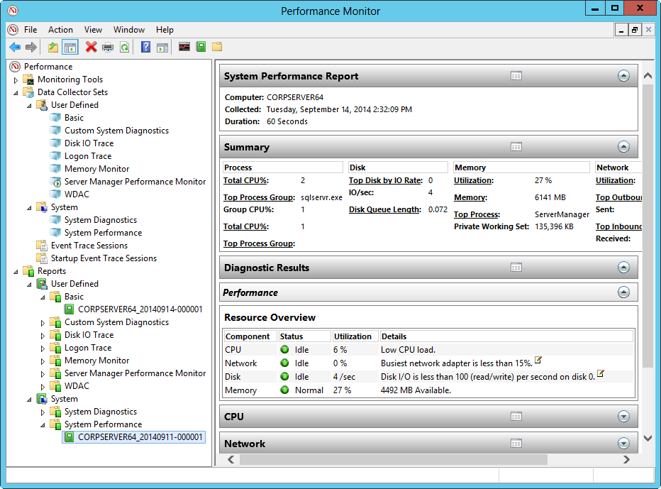 A screen shot of a report found in the Reports node of Performance Monitor, where you can view the collected data.