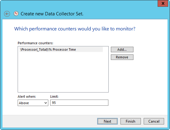 A screen shot of the Which Performance Counters Would You Like To Monitor page, where you can select the performance counters for the alerts by using the Add or Remove options.