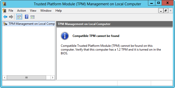 A screen shot of an error message that appears when you start the Trusted Platform Module Management console without turning the TPM on.