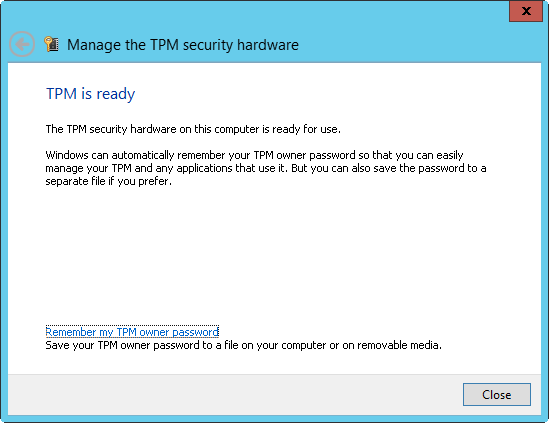 A screen shot of the TPM Is Ready page, showing a confirmation that the TPM is ready for use.