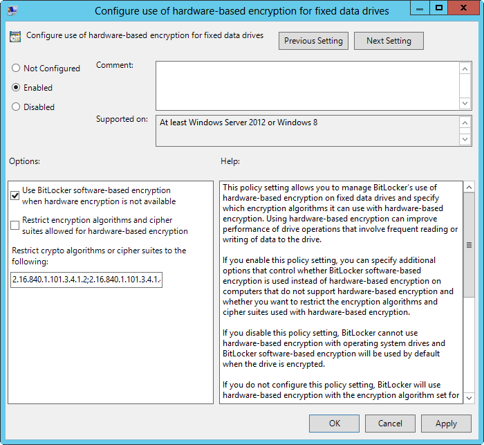 A screen shot of the Configure Use Of Hardware-Based Encryption For Fixed Data Drives. When this policy is enabled, you must specifically allow software-based encryption when hardware-based encryption isn’t available. You can also restrict the encryption algorithms used to a specific subset by selecting the check box of the related option.