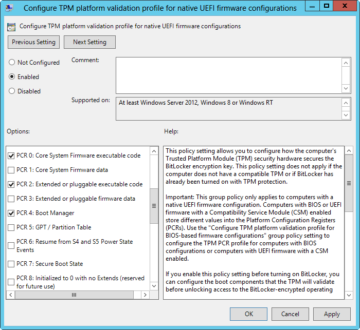 A screen shot of the Configure TPM Platform Validation Profile For Native UEFI Firmware Configurations dialog box, where you can specify the PCRs to validate for BIOS-based firmware.