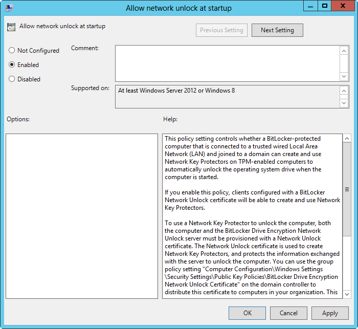 A screen shot of the Allow Network Unlock At Startup dialog box. When enabled, the policy allows a client computer connected to the domain to connect to a Network Unlock server to unlock the system drive.