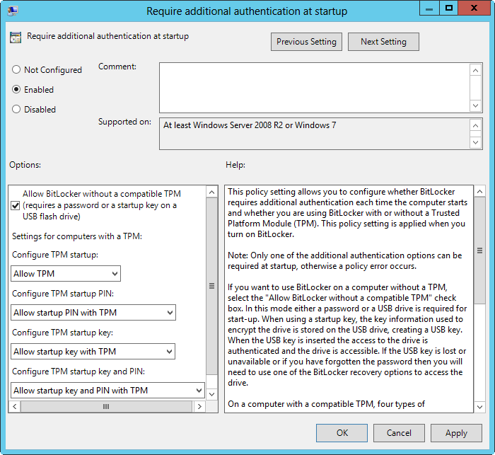 A screen shot of the Require Additional Authentication At Startup dialog box, where you can choose advanced startup options based on the operating system you are configuring.