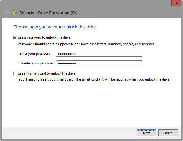 A screen shot of the Choose How You Want To Unlock This Drive page, where you can choose to unlock the drive with a password, a smart card, or both.