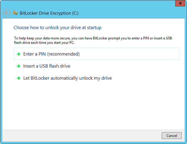 A screen shot of the Choose How To Unlock Your Drive At Startup page, where you can choose one of the following startup preferences: Enter A PIN, Insert A USB Flash Drive, or Let BitLocker Automatically Unlock My Drive.