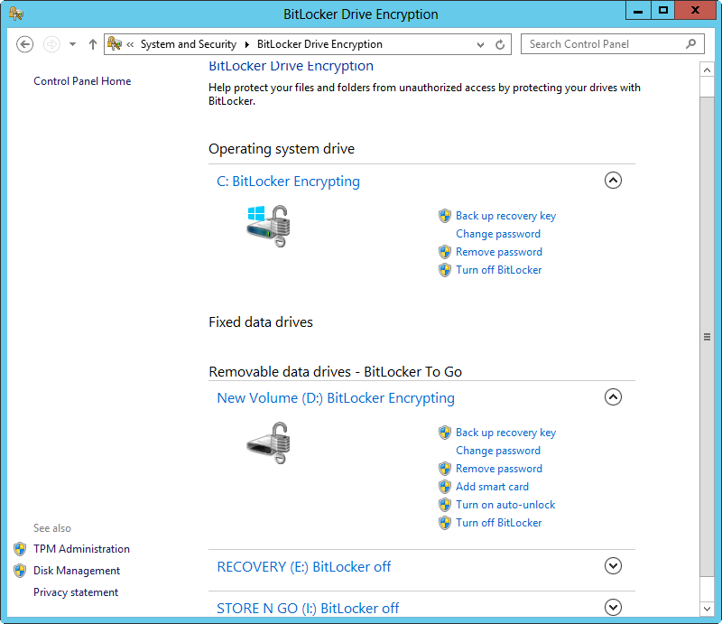 A screen shot of the BitLocker Drive Encryption page, where you can view the current status for each encrypted volume.