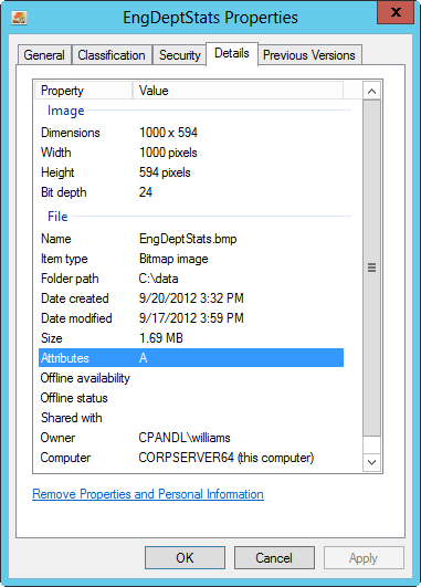 A screen shot of the Properties dialog box of a file on an NTFS volume, showing a named data stream on the Details tab.