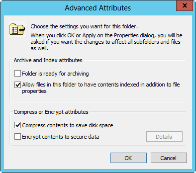 A screen shot of the Advanced Attributes dialog box, showing options to Compress Contents To Save Disk Space or Encrypt Contents To Secure Data.