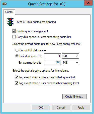 A screen shot of the Quota Settings dialog box, showing settings to enable quota management.