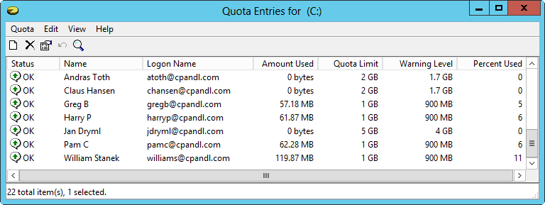 A screen shot of the Quota Entries console, showing existing quota entries.