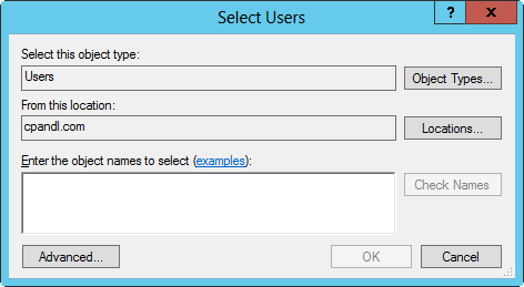 A screen shot of the Select Users dialog box, showing a field in which to enter the name of a user account.