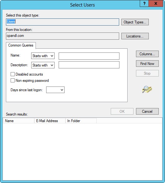 A screen shot of the advanced Select Users dialog box, showing additional options.