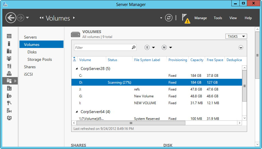 A screen shot of Server Manager, showing a scan in progress for the D drive on CorpServer28.