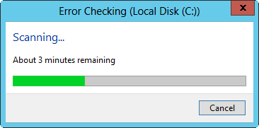 A screen shot of the Error Checking dialog box, showing the approximate time remaining for the drive analysis to complete.