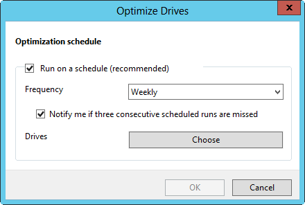 A screen of the Optimize Drives dialog box, showing scheduling options.