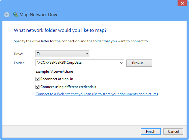 A screen shot of the Map Network Drive dialog box, showing the drive letter and the folder used for the share.