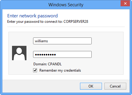 A screen shot of the Windows Security dialog box, which you use to enter credentials for connecting to the shared folder.