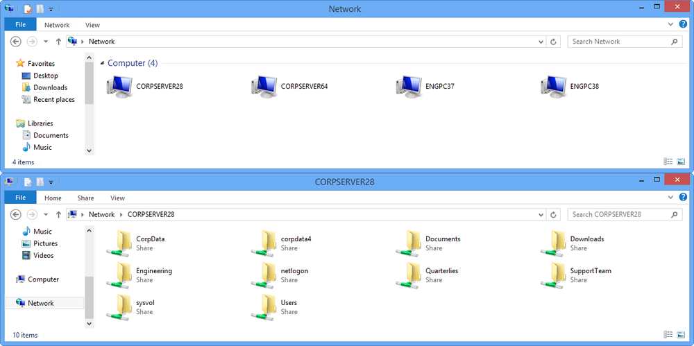 A screen shot of Network Explorer showing shares available on the network.