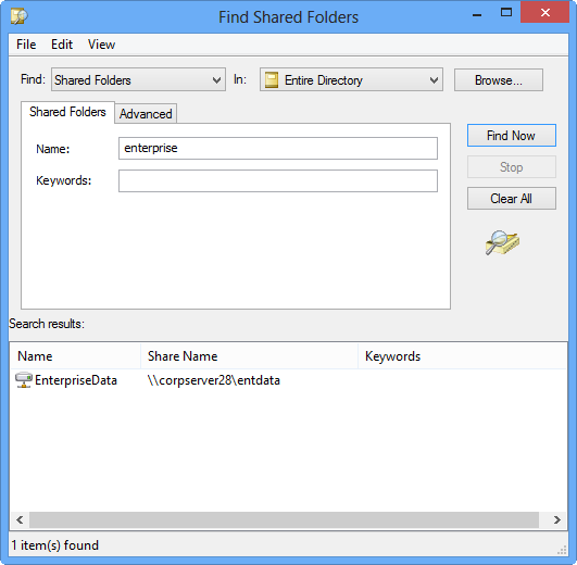 A screen shot of the Find Shared Folders dialog box, showing search results.