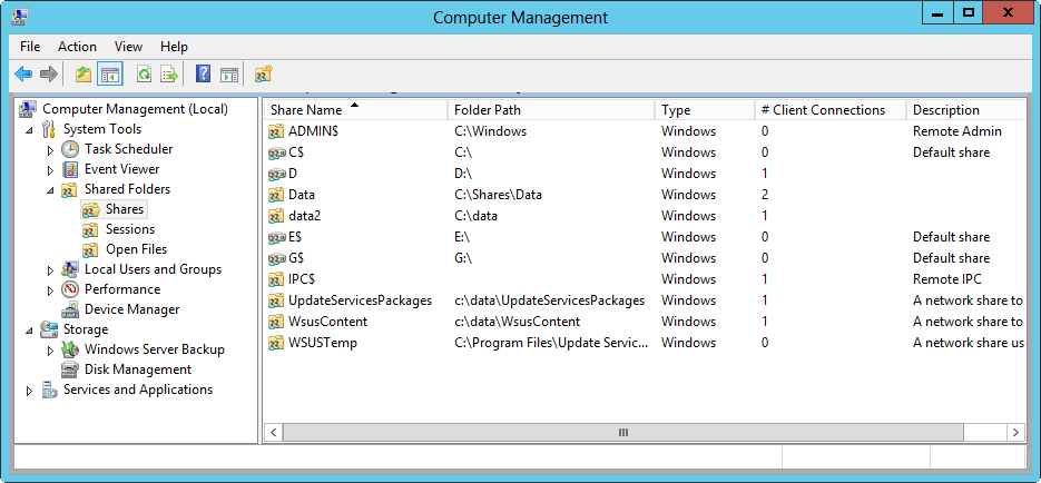 A screen shot of Computer Management, showing access to shared folders.