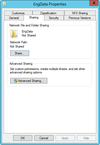 A screen shot of a folder’s Properties dialog box, showing the current sharing configuration.