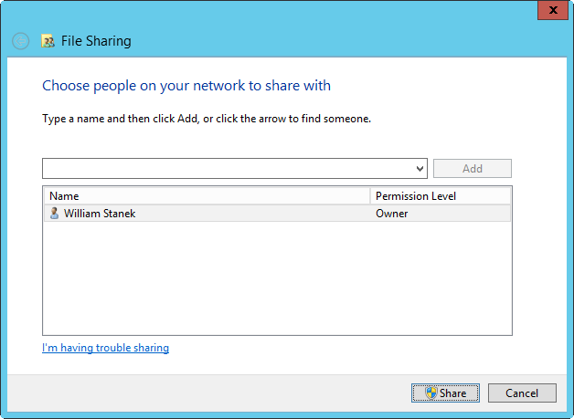 A screen shot of the File Sharing dialog box, showing the user to share with.