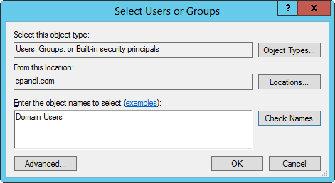 A screen shot of the Select Users Or Groups dialog box, showing a field you use to enter users to share the folder with.