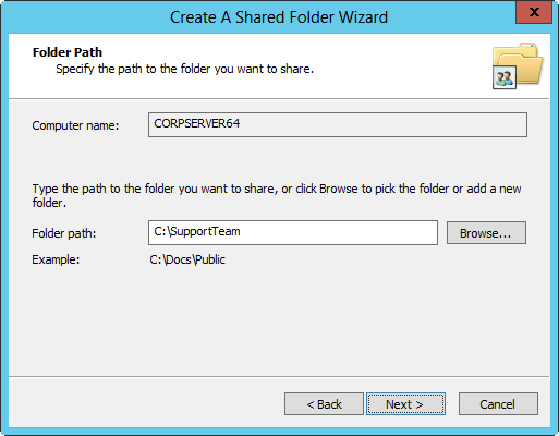 A screen shot of the Create A Shared Folder Wizard, showing the folder path for the folder to be shared.