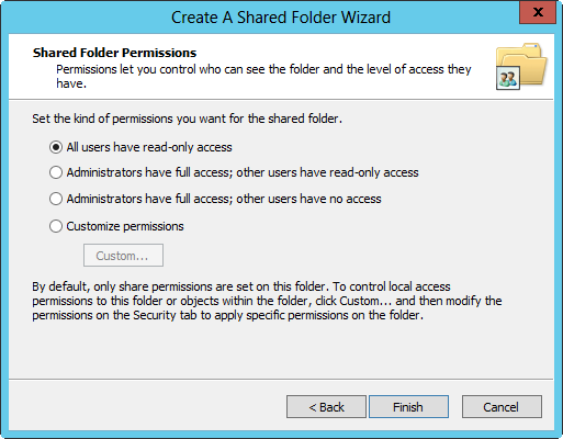 A screen shot of the Create A Shared Folder Wizard, showing options to set share permissions.