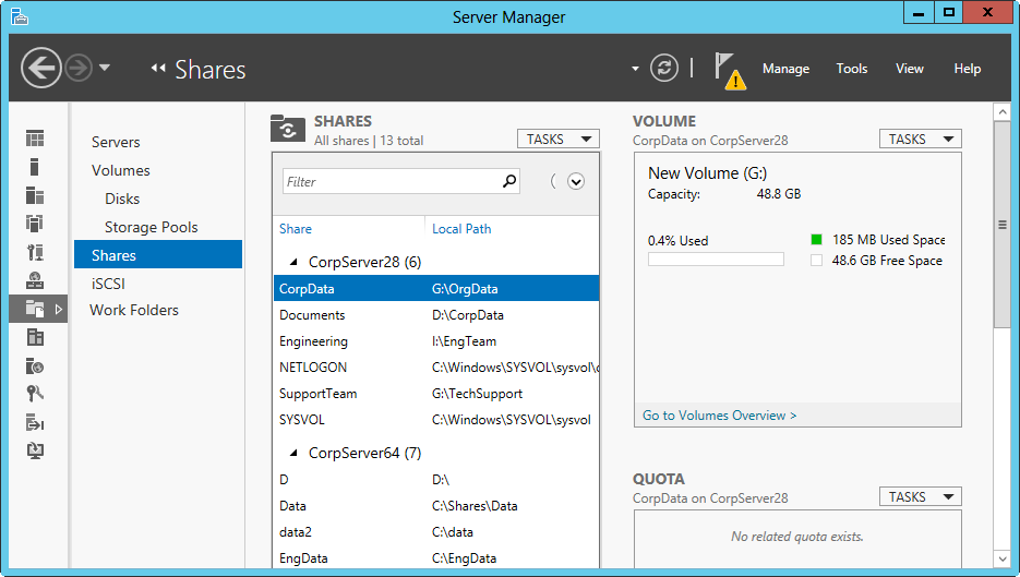 A screen shot of the Shares node in Server Manager, showing the currently available shares.