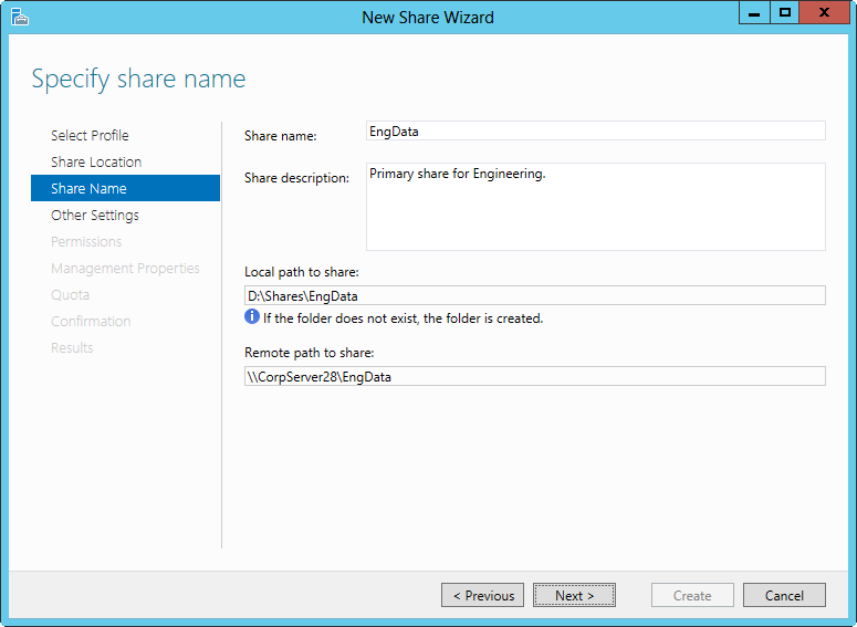 A screen shot of the Specify Share Name page in the New Share Wizard, showing options for setting the share name and description.