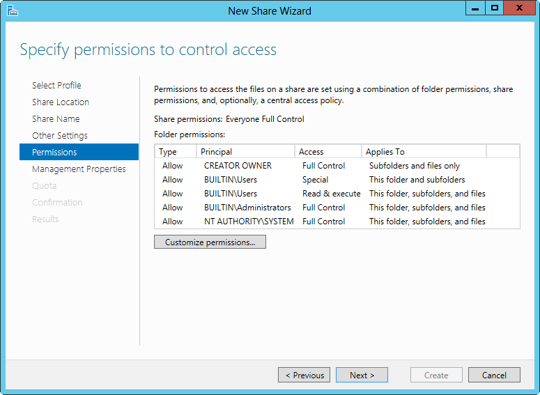 A screen shot of the Specify Permissions To Control Access page in the New Share Wizard, showing the default permissions and options for setting other permissions.