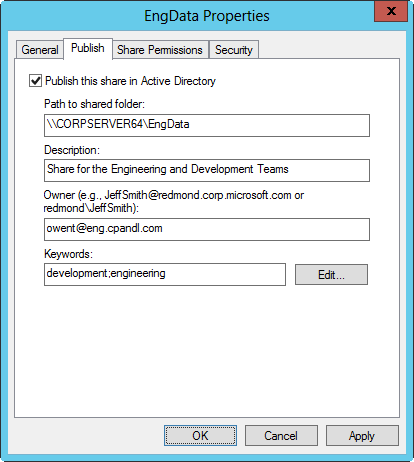 A screen shot of the Publish tab in a shared folder’s Properties dialog box, showing options to publish a share in Active Directory.