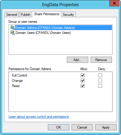 A screen shot of a share’s Properties dialog box, showing the Share Permissions tab.