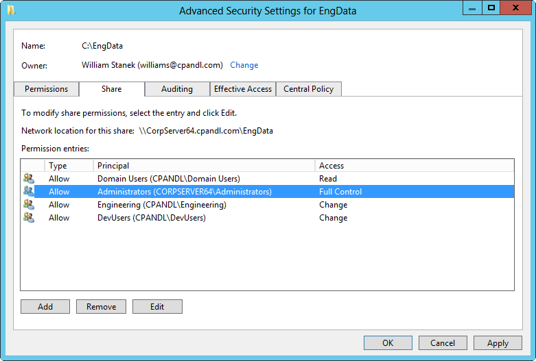 A screen shot of the Advanced Security Settings dialog box, showing the Share tab.