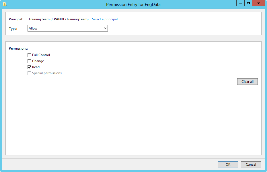 A screen shot of the Permission Entry dialog box, showing the permissions that can be allowed or denied for a security principal.