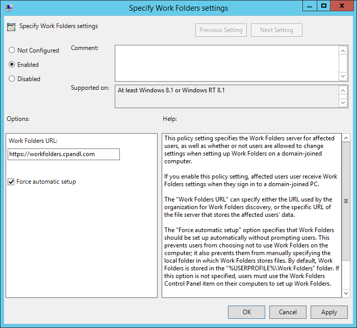 A screen shot of the Specify Work Folders Settings dialog box, showing that the related policy setting has been enabled, and the URL is set as .