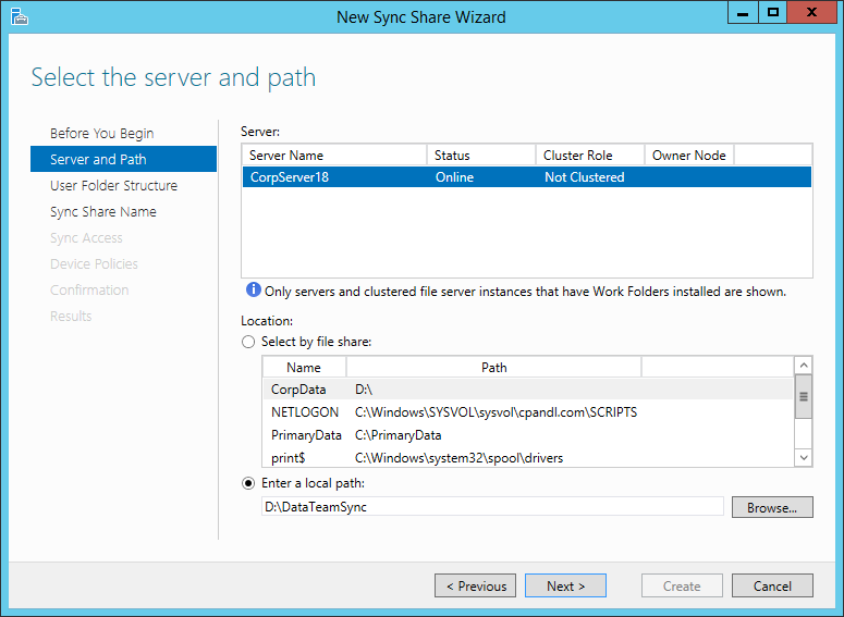 A screen shot of the Select The Server And Path page in the New Sync Share Wizard, showing options for selecting a server to work with and specifying the path of the sync share.