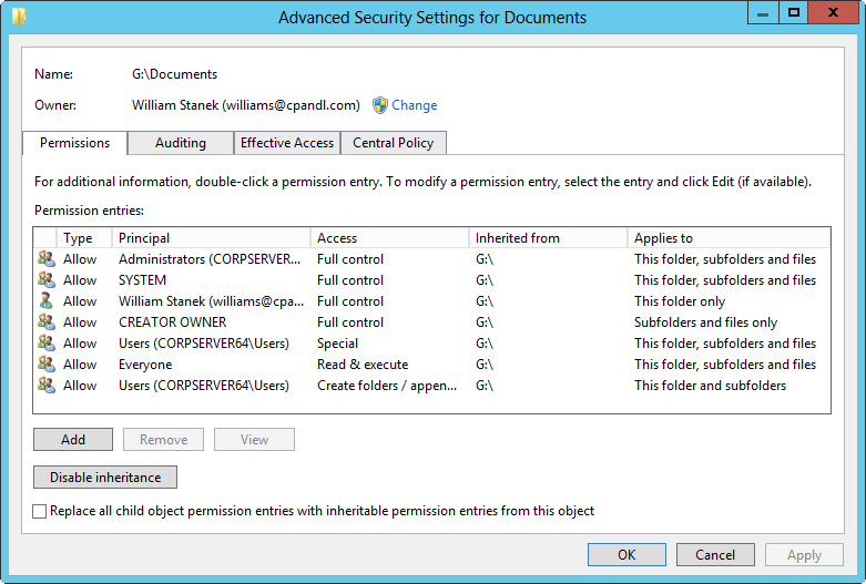 A screen shot of the Advanced Security Settings dialog box, showing taking of ownership on the Permissions tab.