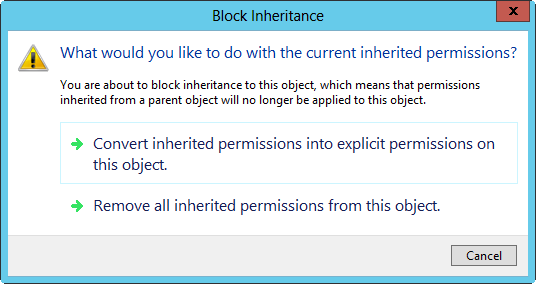 A screen shot of the Block Inheritance dialog box, showing options to convert or remove inheritance settings.