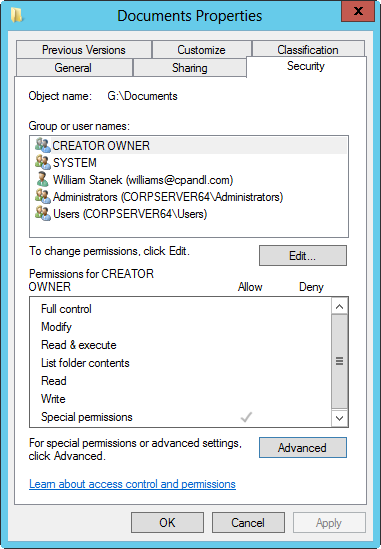 A screen shot of the Properties dialog box for a folder, showing the Security tab.