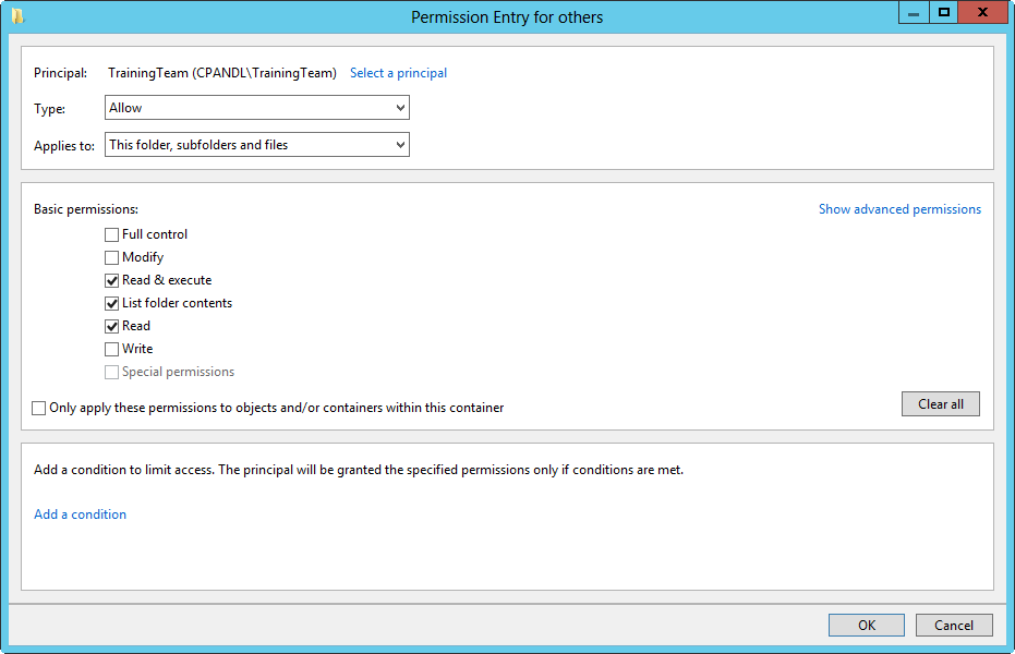 A screen shot of the Permission Entry dialog box, showing basic permissions.